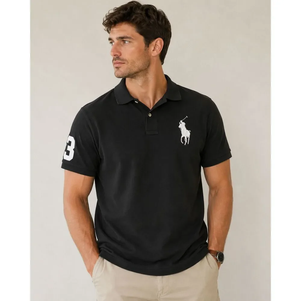 Polo Ralph Lauren Big Pony Mesh Cotton Polo Shirt Black Short Sleeve Men's XXL